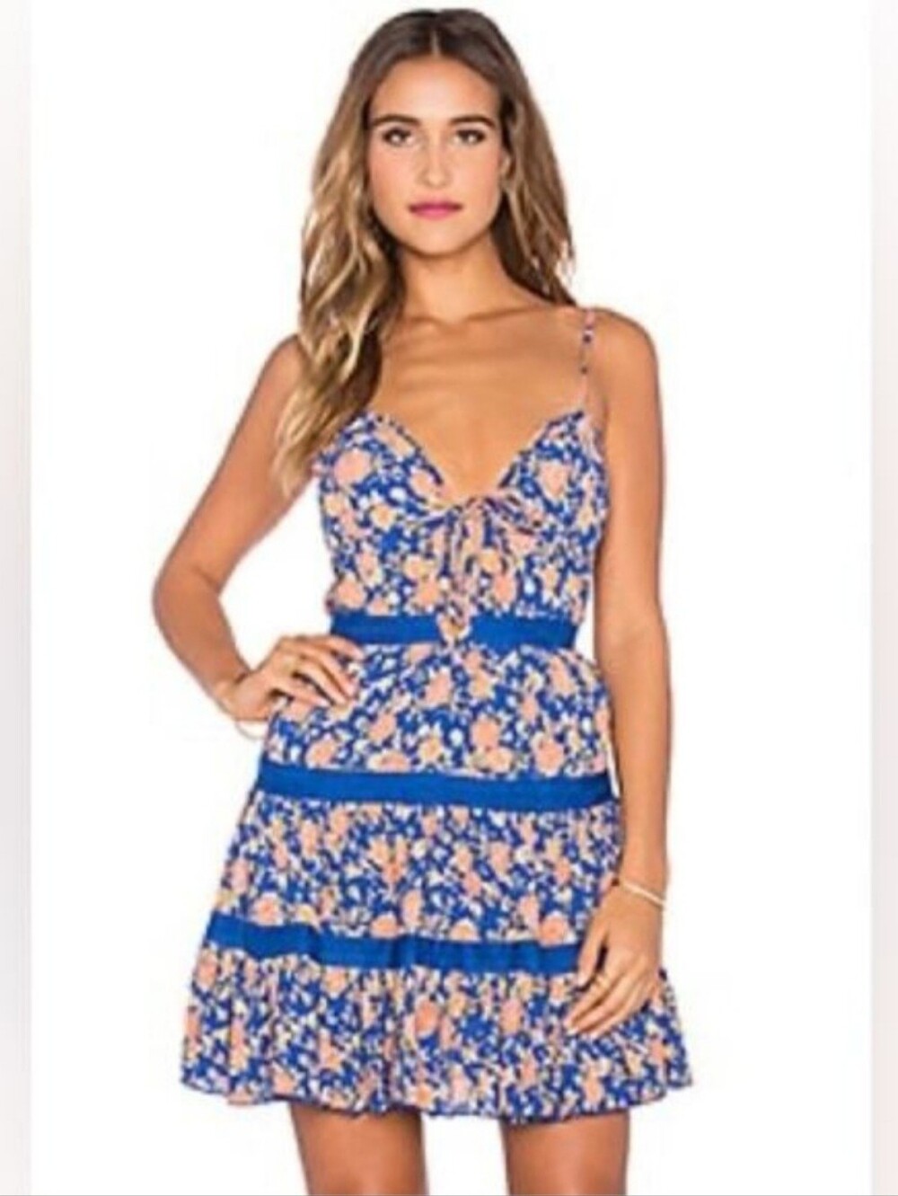 Tularosa Alice Dress in Navy & Peach Floral deep V Neck mini dress XS